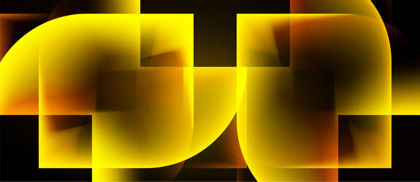 Abstract composition. Glowing rectangles overlap, creating dynamic shapes. Warm colors dominate black background. Modern design element.