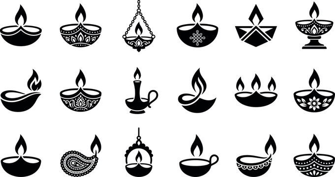 Diwali diya oil lamp icons, 18 black vector silhouettes for Hindu festival of lights, traditional Indian oil lamp collection