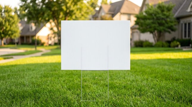 Blank white yard sign on metal stake standing in lush green grass of suburban residential front lawn with blurred houses in background during golden hour sunshine for real estate