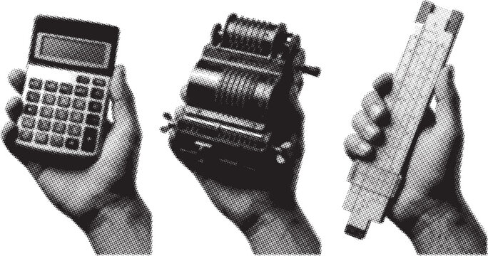 Hands holding calculator adding machine and slide rule in halftone for finance concept