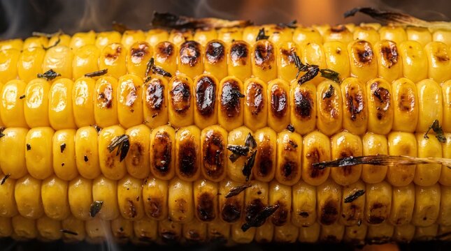Grilled Corn Cob with Char Marks and Fresh Herbs
