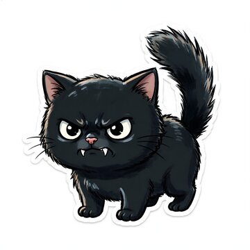 Cute Angry Black Kitten Cartoon Sticker Vector Illustration Isolated on White Background
