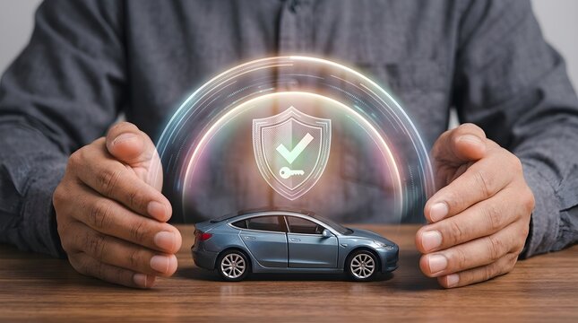 Secure car insurance concept showing hands protecting a vehicle with a digital safety shield and security icons on wooden background