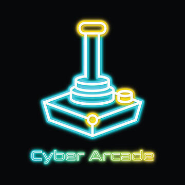 Neon cyber arcade retro joystick logo glowing blue and yellow gaming controller on dark background