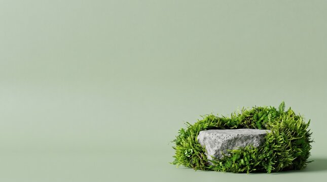 Natural stone podium surrounded by fresh green moss on a light green background