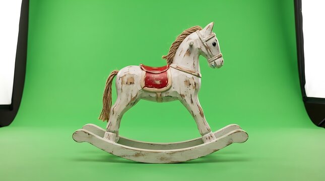 A vintage white wooden rocking horse toy isolated on a bright green background