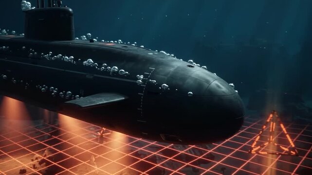 Submarine Warfare and Technology: A menacing submarine glides through the deep blue ocean, illuminated by the eerie glow of advanced sonar technology and a digital grid, symbolizing power and stealth.