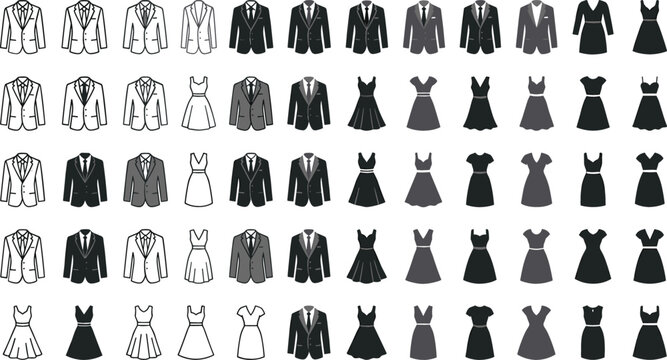 Formal Dress Code and Business Suit Icon Set Featuring Tuxedos Evening Gowns and Wedding Dresses for Corporate Events Invitation and UI Web Designs