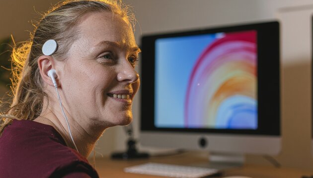 Game Changer Brain Computer Interface Woman Using Neural Link Technology at Computer Desk