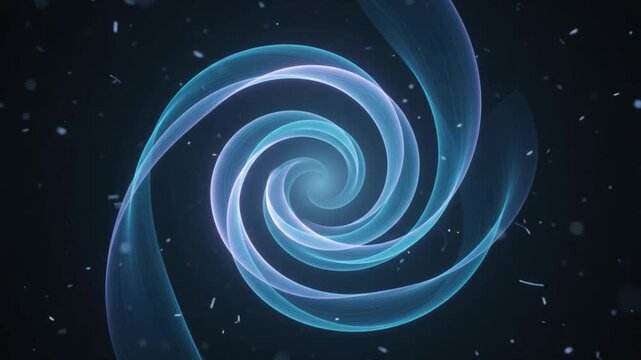 Elegant abstract hypnotic spiral formed by smooth translucent cyan and blue luminous ribbons slowly rotating inward toward a soft glowing center