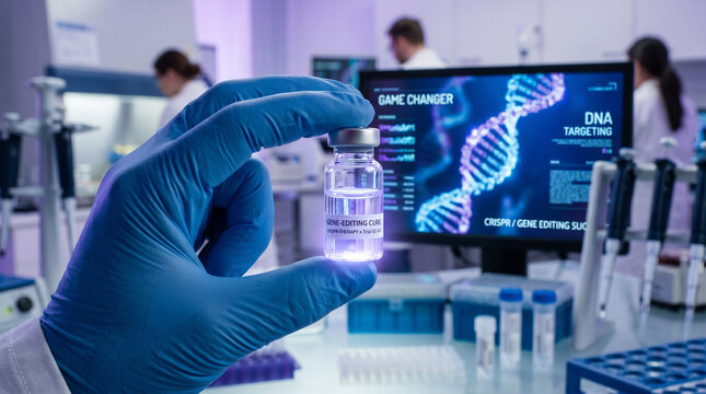 Game Changer Gene Editing Cure Vaccine Vial Held by Scientist in Modern Medical Laboratory