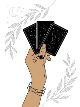 Mystical Hand Holding Celestial Tarot Cards with Constellations and Botanical Elements Vector Illustration