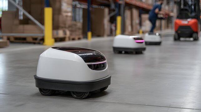 integrated with factory operations, autonomous delivery robots moving inventory through endless aisles, modern logistics technology