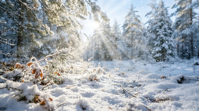 Sunlight shining through snowy pine trees