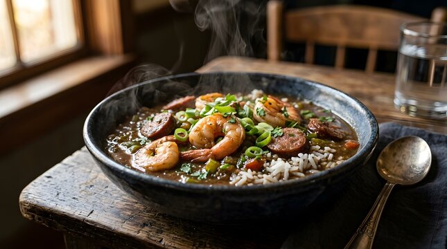Steaming bowl of authentic cajun shrimp and sausage gumbo served with white rice perfect for national gumbo day