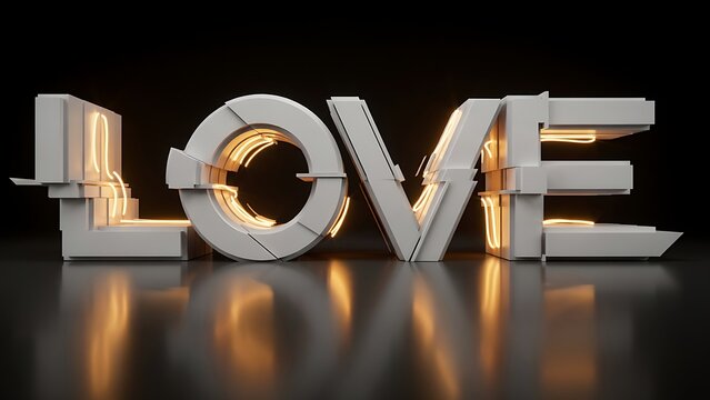 White 3D LOVE text with digital glitch effect and glowing warm lights on a reflective dark surface