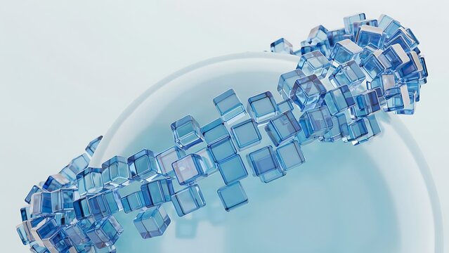 Abstract 3D rendering featuring translucent blue glass cubes and geometric spheres in a clean light blue design concept