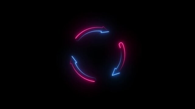 Red and  blue neon glowing thrre arrow refresh circular arrows rotation cycle seamless loop animation on black background 4k motion video.	