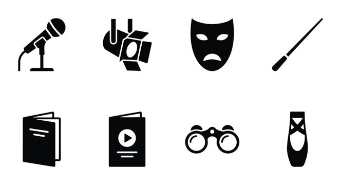 Performing arts icons for stage, theater, and music, solid silhouette style for UI and web interface