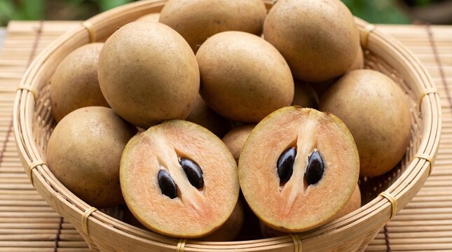 Fresh Ripe Sapodilla Fruit in Woven Basket on Bamboo Mat