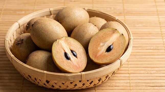 Fresh Sapodilla Fruit in Woven Basket on Bamboo Mat
