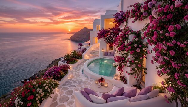 Stunning luxury villa terrace in Santorini with a private infinity pool, white architecture, vibrant pink bougainvillea, and a romantic sunset over the caldera sea.