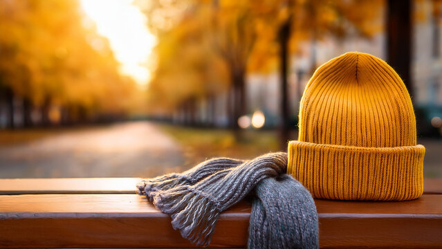 Mustard yellow knit beanie and wool scarf on bench with blurred autumn city boulevard background banner.