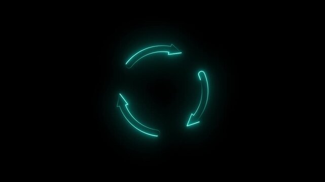 Glowing nieon sayn thrre colors arrow refresh circular arrows rotation cycle seamless loop animation on black background 4k motion video.	