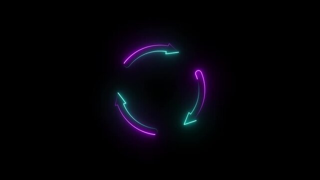 Cyan and  magenta neon glowing thrre arrow refresh circular arrows rotation cycle seamless loop animation on black background 4k motion video.	