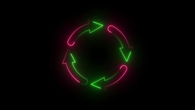  Green and red neon glowing four arrow refresh   circular arrows rotation cycle seamless loop animation on black  background 4k motion video.