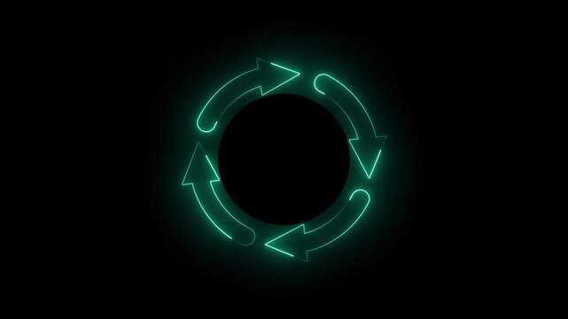 Cyan neon glowing four arrow refresh   circular arrows rotation cycle seamless loop animation on black  background 4k motion video.