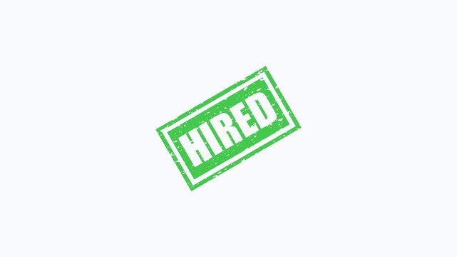 Green Hired Rubber Stamp Graphic Animation Loop Isolated on White Background for Recruitment Concept