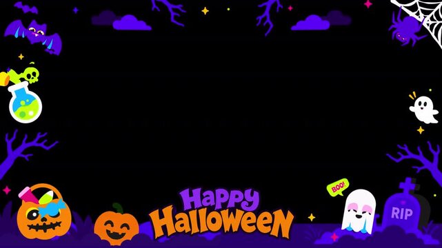 Halloween Animated Frame Overlay with Ghost, Bat, Pumpkin and Tombstone - Transparent Alpha