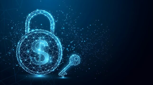 Digital Cyber Security Concept Featuring A Glowing Dollar Sign Inside A Network Connected Padlock With A Matching Key On A Dark Blue Background