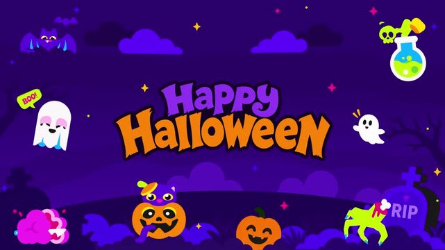 Spooky Halloween Animated Background with Ghost, Bat, Potion and Pumpkins