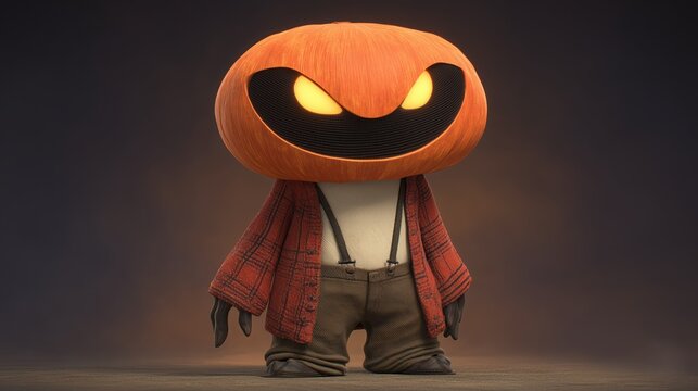 Happy Halloween holiday. Pumpkin head guy in shirt with suspenders, scary monster illustration, scarecrow made of pumpkin and shirt Pumpkinhead. High quality