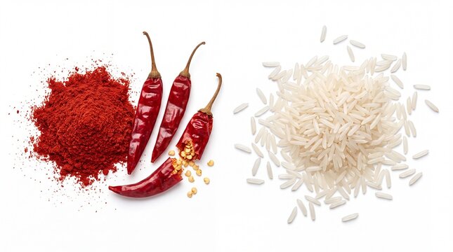 Aromatic basmati rice with red chili peppers and paprika powder, spicy culinary ingredients for cooking, dry long grain rice and hot spices isolated PNG with Transparent Background