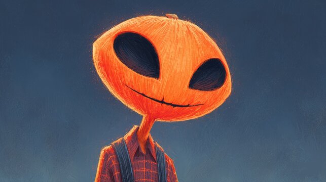 Happy Halloween holiday. Pumpkin head guy in shirt with suspenders, scary monster illustration, scarecrow made of pumpkin and shirt Pumpkinhead. High quality
