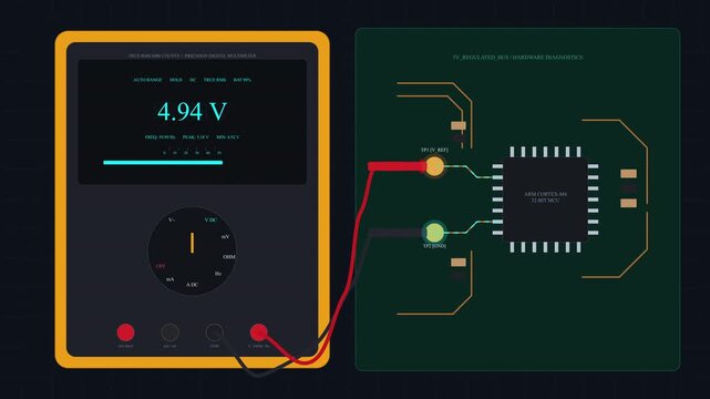 Digital multimeter measuring electronic component, voltage reading, circuit board repair and maintenance, electronics testing
