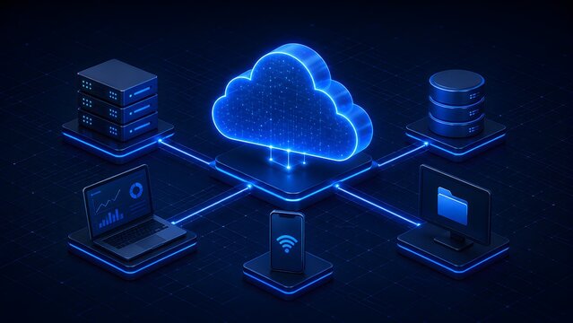 Futuristic glowing blue cloud computing network diagram connecting servers devices and database representing internet storage and data synchronization