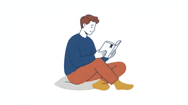 Young Man Sitting on the Floor Concentrating While Reading a Book in a Cozy Minimalist Style Illustration
