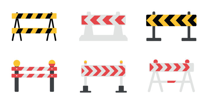 Road Barriers Icons Featuring Red, White, Yellow, and Black Barricades for Traffic Control, Driving Safety, Construction, and Roadwork