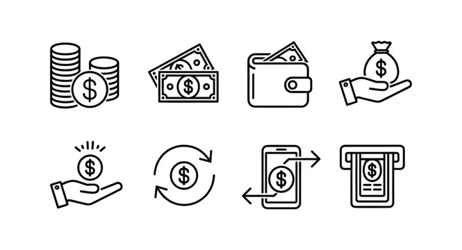 Collection of financial icons representing money coins bills wallet hand holding money bag and ATM machine