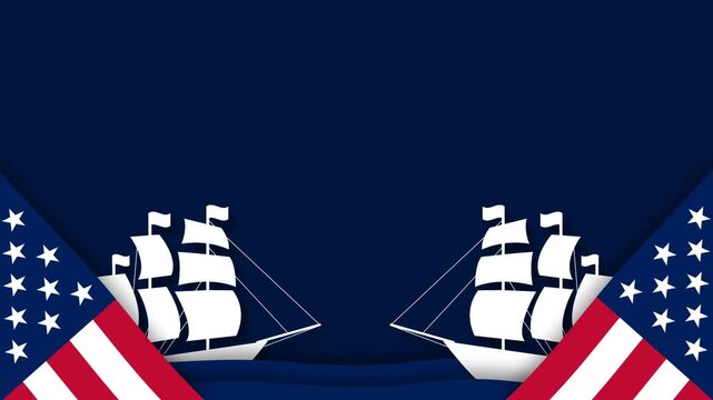 Columbus Day Motion Background with Sailing Ships and US Flags.