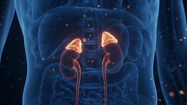 Adrenal glands releasing cortisol, visual concept of stress response and endocrine system function, health and medical science visualization