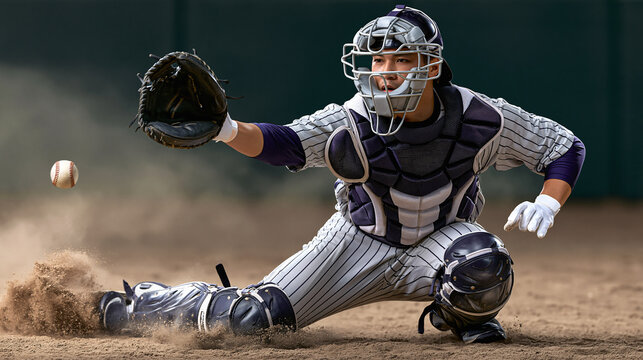 Baseball Catcher in Action A baseball catcher in full gear makes a crucial play, diving to catch a fast-pitched ball in a cloud of dust, showcasing the intensity of the game.