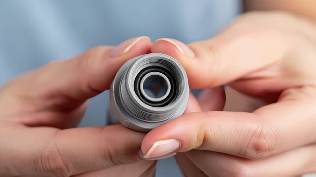 Close-up of a woman rotating a washing machine hose connector. Hands inspecting a grey plastic plumbing fitting. DIY home repair concept