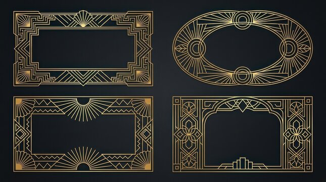 Set of Elegant Gold Art Deco Frames with Geometric Patterns and Vintage 1920s Style Borders on Dark Background