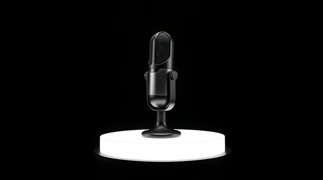 Black studio microphone standing on a glowing white circular pedestal