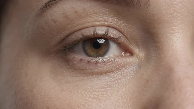 Close up of a woman's eye with under-eye puffiness and a hint of makeup, showing skin texture, ideal for beauty and skincare concepts